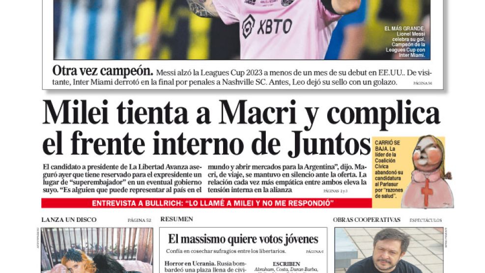 La tapa del Diario PERFIL del domingo 20 de agosto de 2023