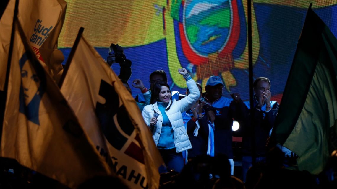 Ecuadorean presidential candidate for the Movimiento Revolución Ciudadana party, Luisa González speaks to her supporters after learning the first results of the presidential election and referendum on mining and petroleum at her headquarters in Quito on August 20, 2023. 