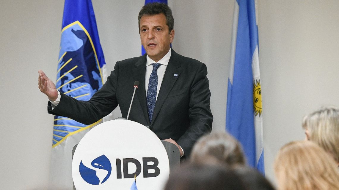 Handout picture shows Argentina's Economy Minister and presidential candidate Sergio Massa speaking during a press conference at the Inter-American Development Bank (IDB or IADB) after signing bilateral agreements in Washington DC, on August 22, 2023. 