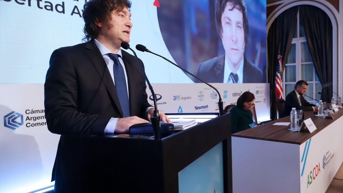Javier Milei delivers a speech to business leaders at a Council of the Americas event on Thursday, August 26, 2023.