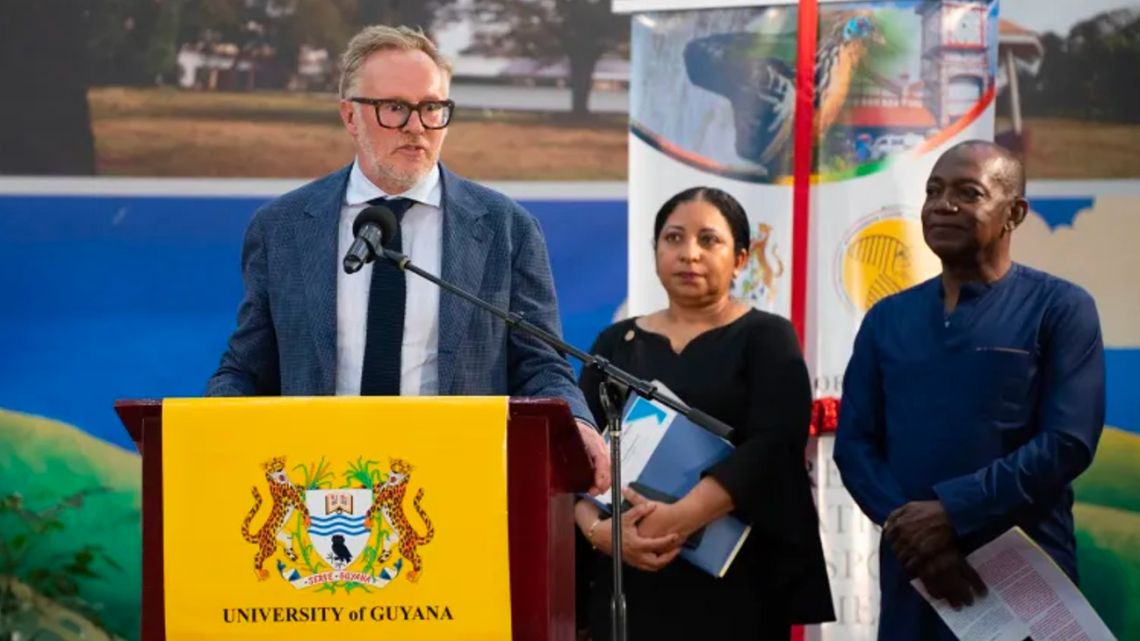 Charles Gladstone, former British prime minister William Gladstone's great-great grandson, gives a speech at the launch of the University of Guyana's International Centre for the Study of Migration and Diaspora.