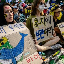 Los activistas sostienen carteles que dicen "Estamos en contra del agua contaminada que mata ballenas" y "Guardarla en tierra" mientras participan en una manifestación en Seúl, contra la descarga de aguas residuales tratadas del Japón. | Foto:ANTHONY WALLACE / AFP