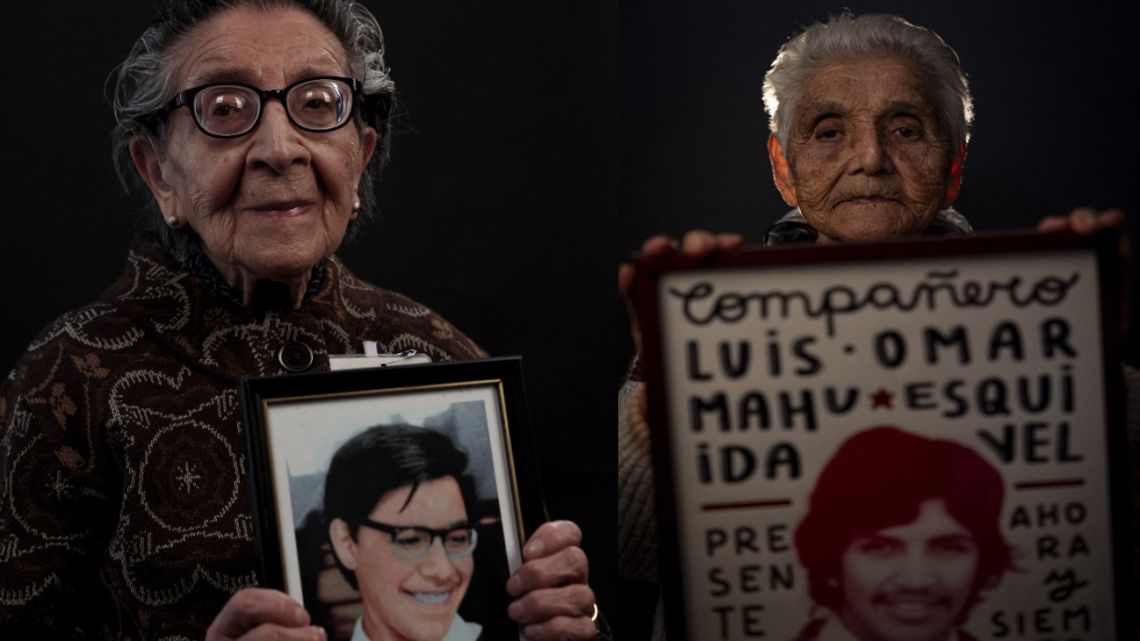 Luz Encina Silva, 94, mother of then-19-year old Mauricio Jorquera -disappeared on August 5, 1974- poses with a picture of her son in Santiago on July 28, 2023; Elsa Esquivel Rojas, 83, the mother of Luis Nahuida Esquivel, disappeared on November 20, 1974, poses with an image of her son in Santiago, on August 2, 2023.