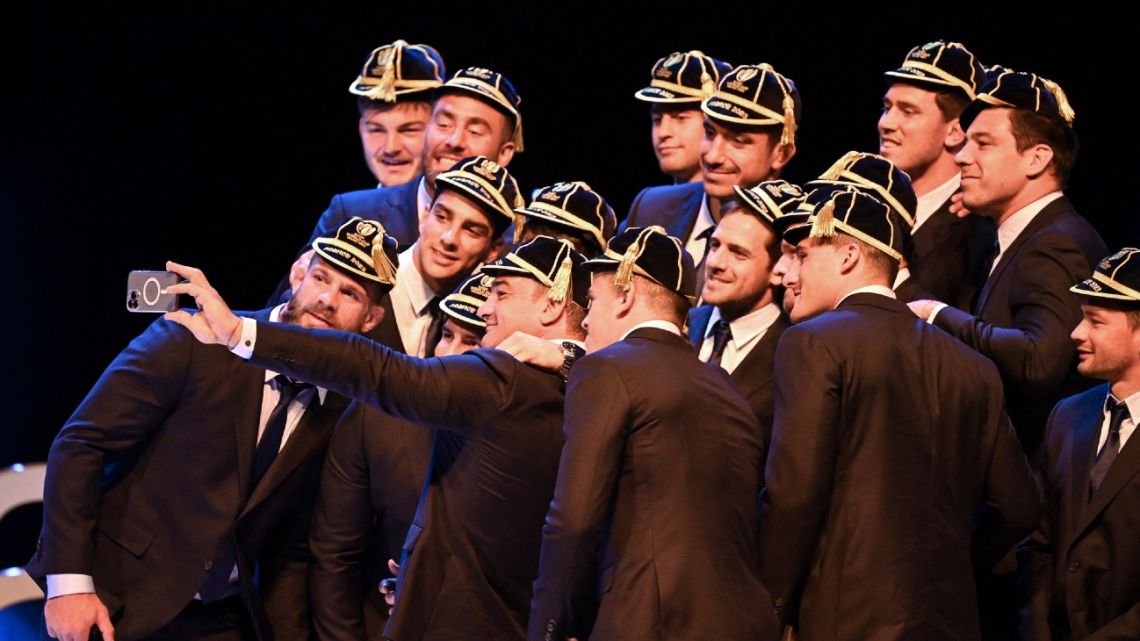 Argentina's players pose for a selfie during the Argentina team's welcome ceremony ahead of the France 2023 Rugby World Cup, in La Baule, western France on September 1, 2023. 