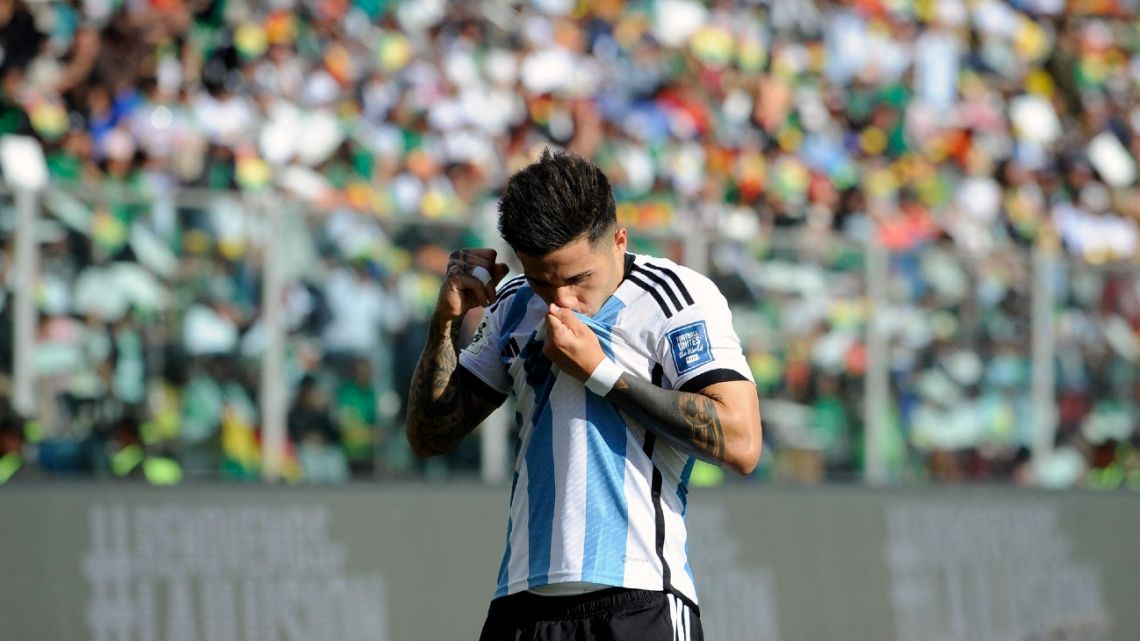 Argentina's midfielder Enzo Fernández celebrates after scoring his team's first goal during the 2026 FIFA World Cup South American qualifiers football match between Bolivia and Argentina, at the Hernando Siles stadium in La Paz, on September 12, 2023.