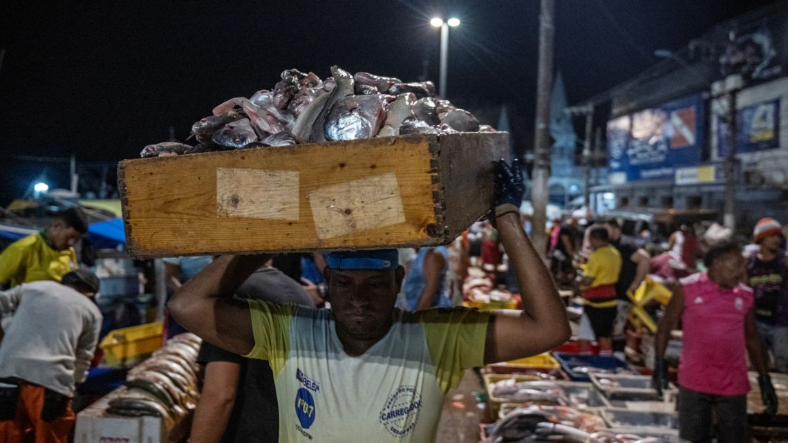 A man carries fish brought in from a boat at a wholesale fish market in Belém, Pará State, Brazil, on September 9, 2023.