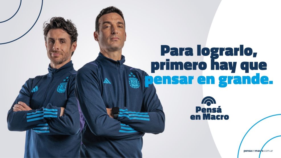 20230912 Lionel Scaloni y Pablo Aimar en una publicidad de Banco Macro.