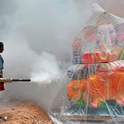 Un trabajador municipal fumiga una colonia de viviendas como medida preventiva contra las enfermedades transmitidas por mosquitos junto a un ídolo de la deidad Ganesha. Foto de R. Satish BABU/AFP | Foto:AFP