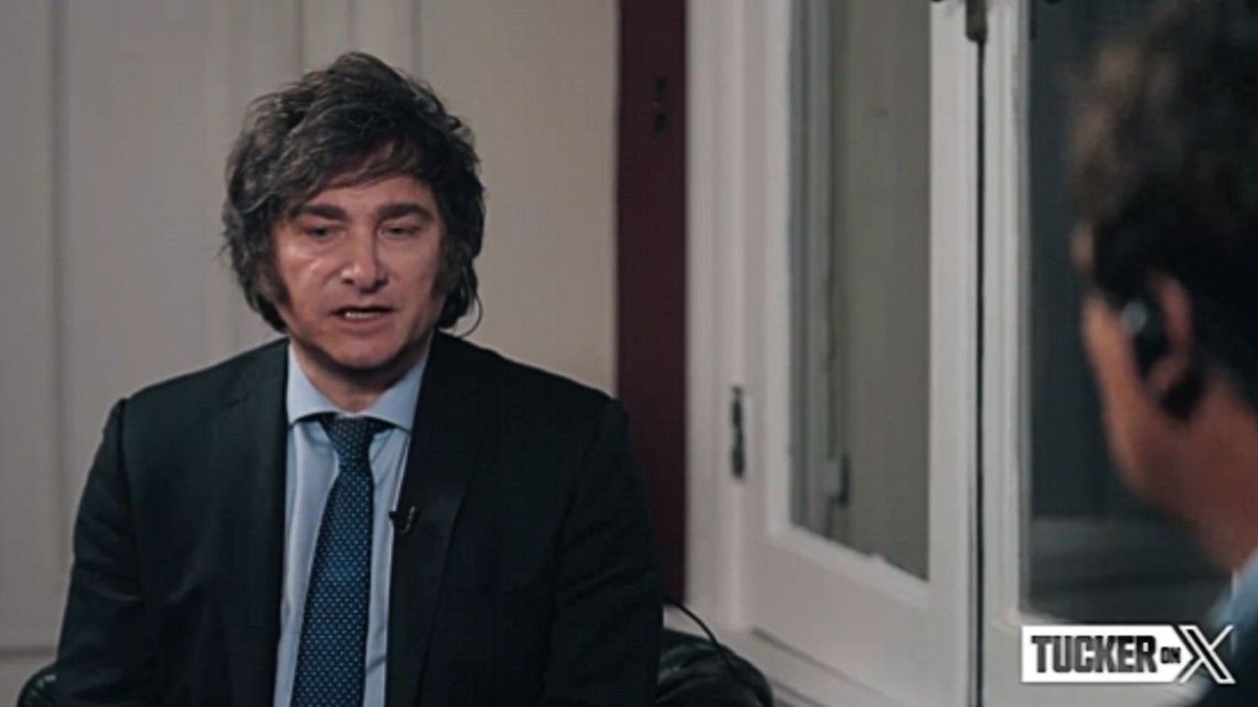 Javier Milei, pictured during his September 2023 interview with US commentator Tucker Carlson.