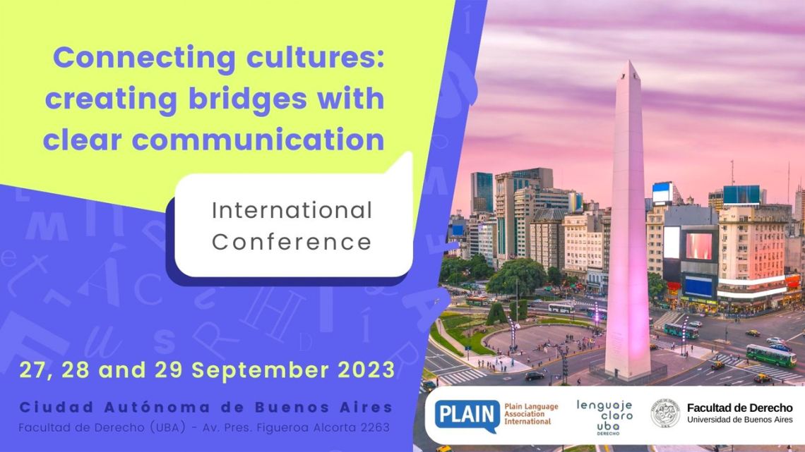 The PLAIN2023 conference theme is 'Connecting cultures: creating bridges with clear communication.'