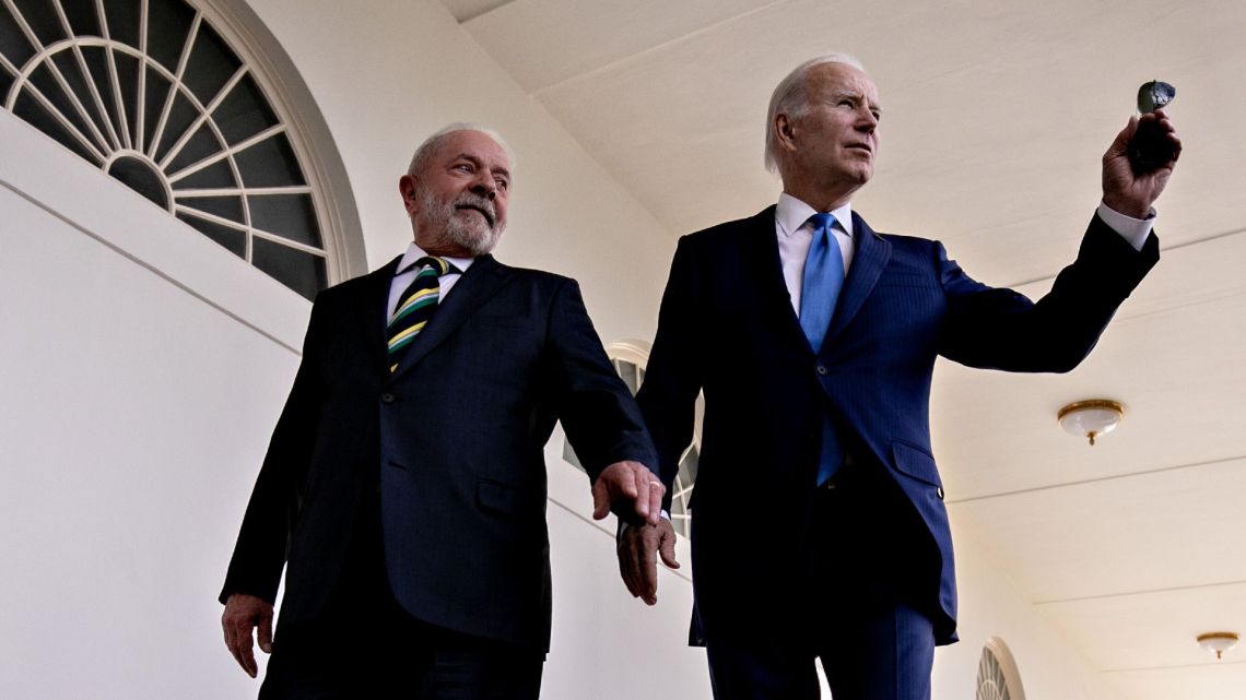 US President Joe Biden, right, and Luiz Inacio Lula da Silva, Brazil’s president, walk through the Colonnade of the White House in Washington on Friday, Feb. 10, 2023.