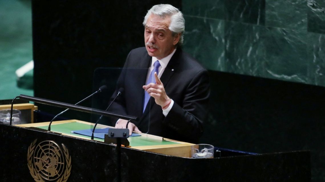 President Alberto Fernández addresses the 78th United Nations General Assembly at UN headquarters in New York City on September 19, 2023. 