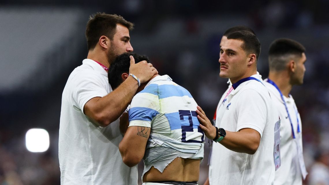Argentina's centre Matías Moroni reacts after his team's defeat in the France 2023 Rugby World Cup Pool D match between England and Argentina at the Velodrome Stadium in Marseille, southern France on September 9, 2023. 