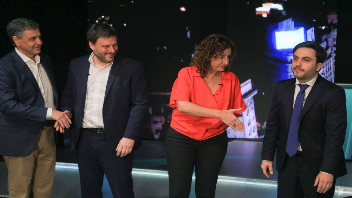 Candidates to be the next mayor of Buenos Aires City line up onstage ahead of the first televised debate.