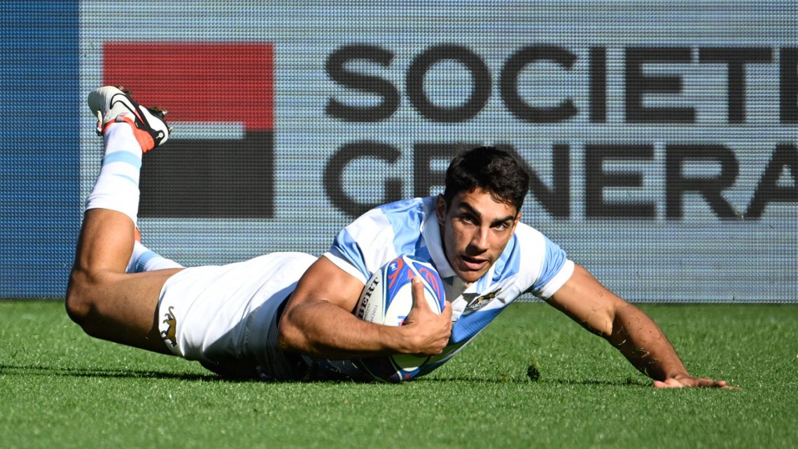Pumas fly-half Santiago Carreras scores a try during the France 2023 Rugby World Cup Pool D match between Argentina and Chile at the Beaujoire Stadium in Nantes, west France, on September 30, 2023. 