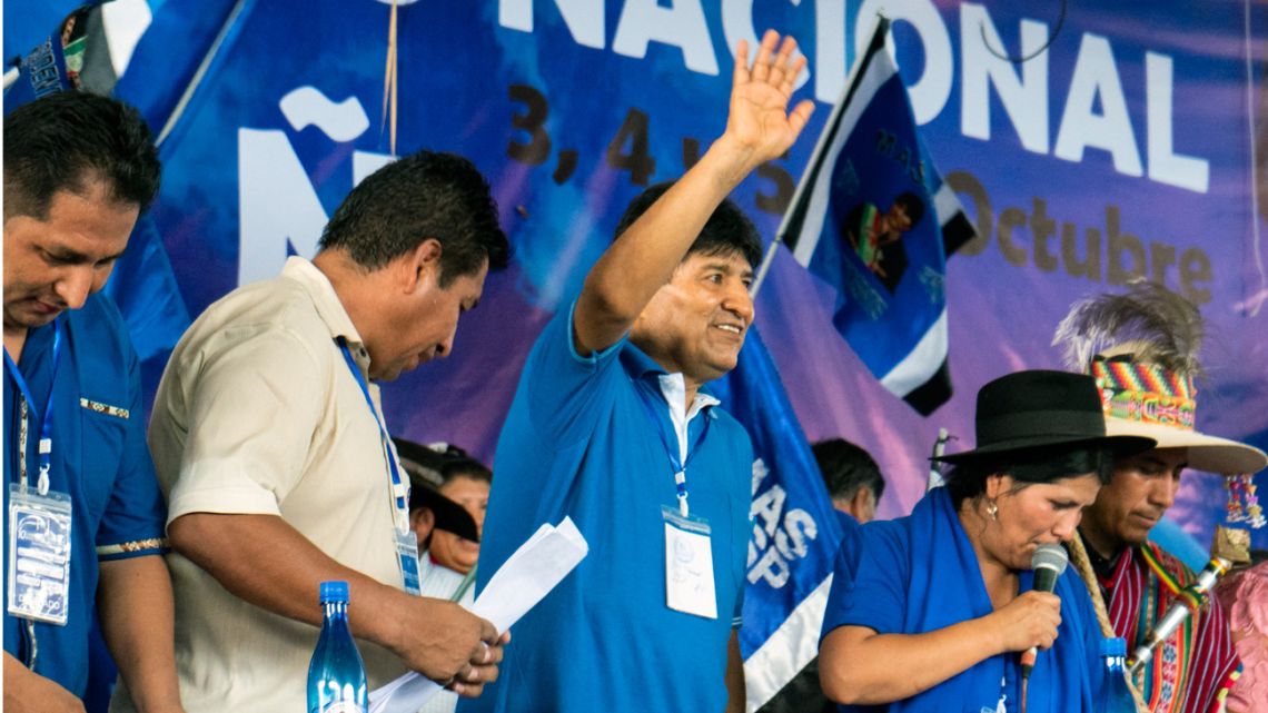 Bolivian ex-president (2006–2019) Evo Morales waves during the 10th congress of the Movement for Socialism (MAS) party in the town of Lauca Ñ, Bolivia, on October 4, 2023.