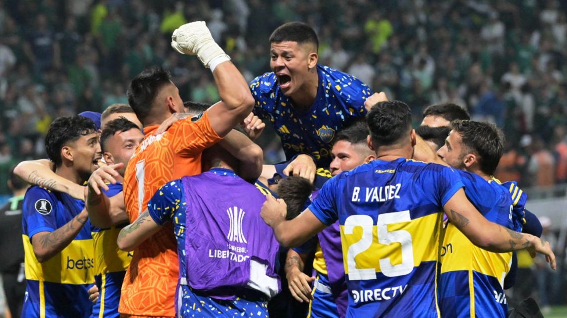 Boca Juniors players celebrate after defeating Palmeiras on the penalty shoot-out during the Copa Libertadores semifinals second leg football match between Brazil's Palmeiras and Argentina's Boca Juniors, at the Allianz Parque stadium in São Paulo, Brazil, on October 5, 2023. 