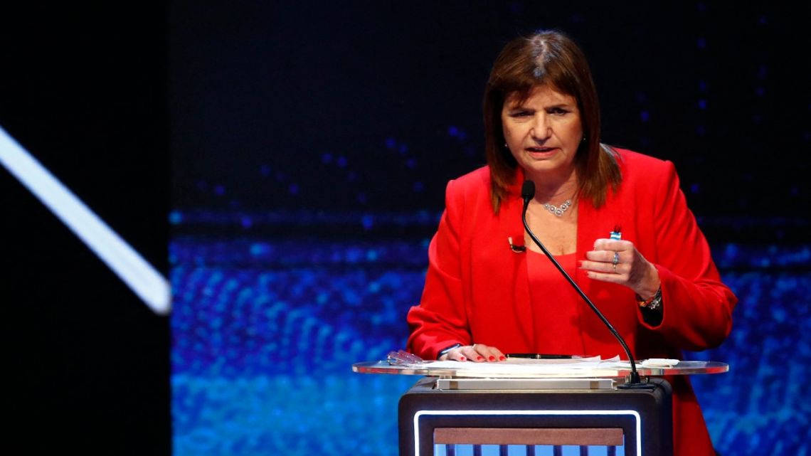 Presidential candidate for the Juntos por el Cambio coalition Patricia Bullrich speaks during the presidential debate at the Assembly Hall of the Universidad de Buenos Aires (UBA) Law Faculty, in Buenos Aires on October 8, 2023