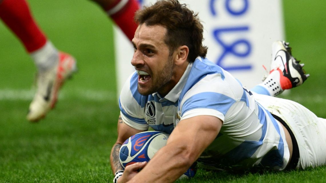Argentina's fly-half Nicolás Sánchez celebrates after scoring a try in the France 2023 Rugby World Cup quarter-final match between Wales and Argentina at the Stade Velodrome in Marseille, south-eastern France, on October 14, 2023. 