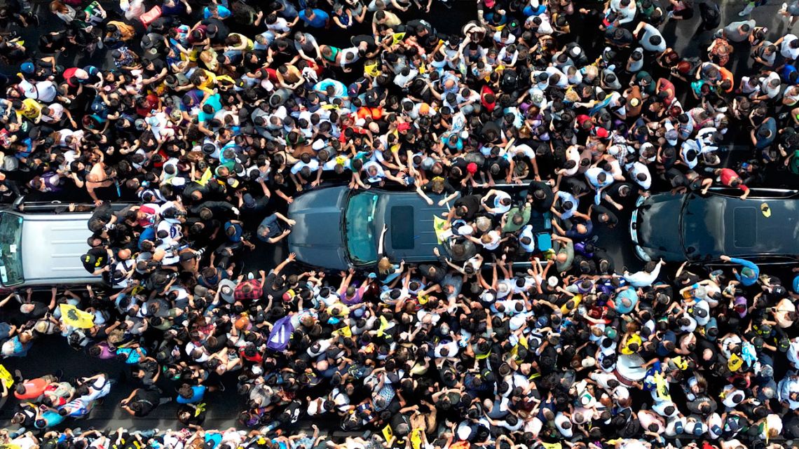 Aerial view of national deputy and presidential candidate for La Libertad Avanza Javier Milei campaign rally, on October 16, 2023, in Lomas de Zamora, Buenos Aires Province.