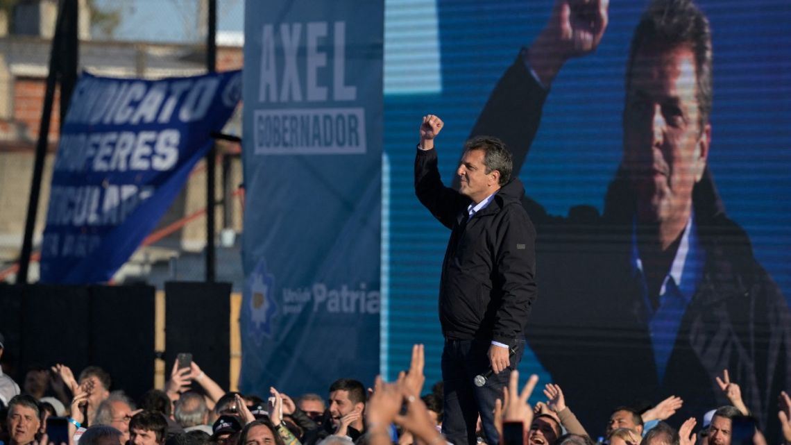 Economy minister and presidential candidate for the Unión por la Patria coalition, Sergio Massa, gestures while delivering a speech during a closing campaign rally  celebrating Peronist Loyalty Day at the Julio Humberto Grondona stadium in Sarandí, Buenos Aires, on October 17, 2023, ahead of Argentina's presidential elections on October 22.