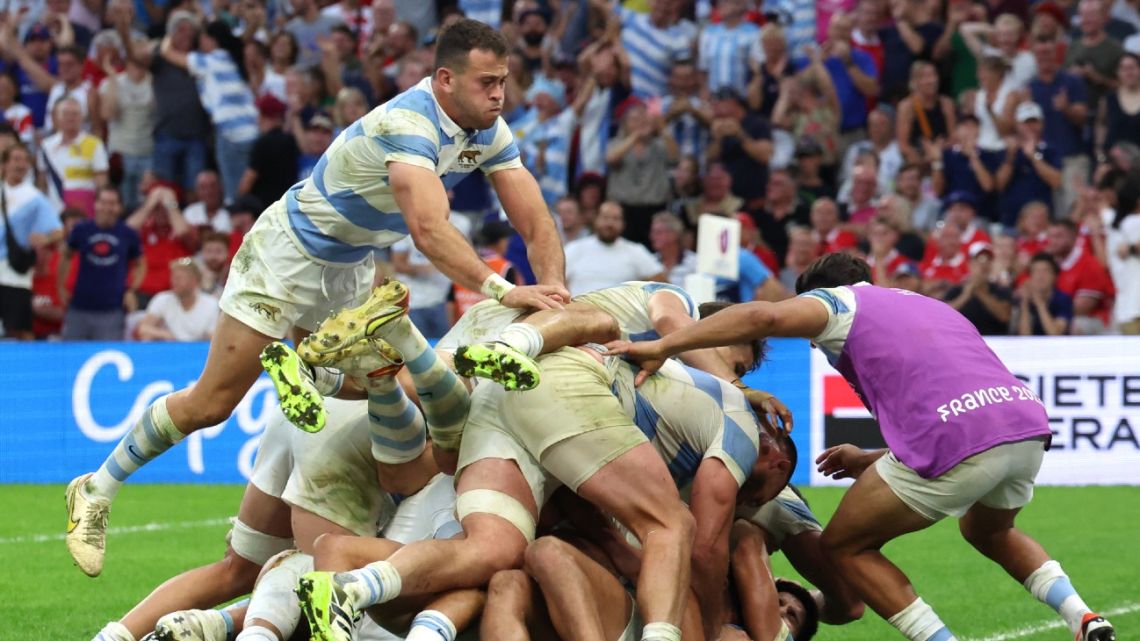 Argentina's players celebrate after scoring their second try during the France 2023 Rugby World Cup quarter-final match between Wales and Argentina at the Stade Velodrome in Marseille, south-eastern France, on October 14, 2023. 