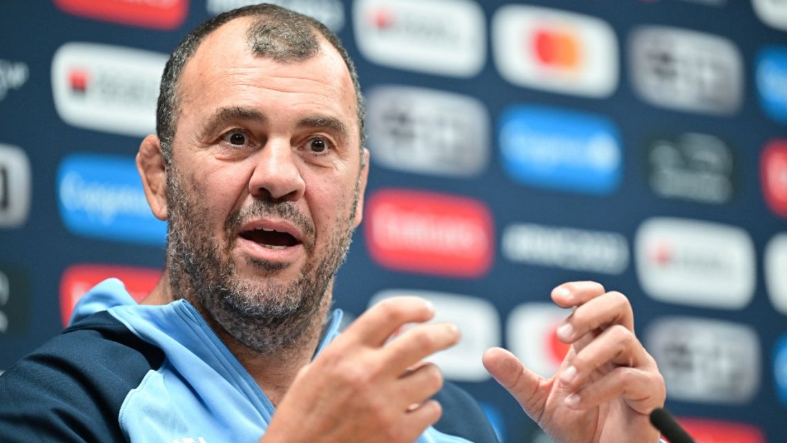 Argentina's Australian head coach Michael Cheika attends a press conference at the Roland Garros stadium, in Boulogne Billancourt, western suburbs of Paris, on October 18, 2023, as part of the France 2023 Rugby World Cup. 