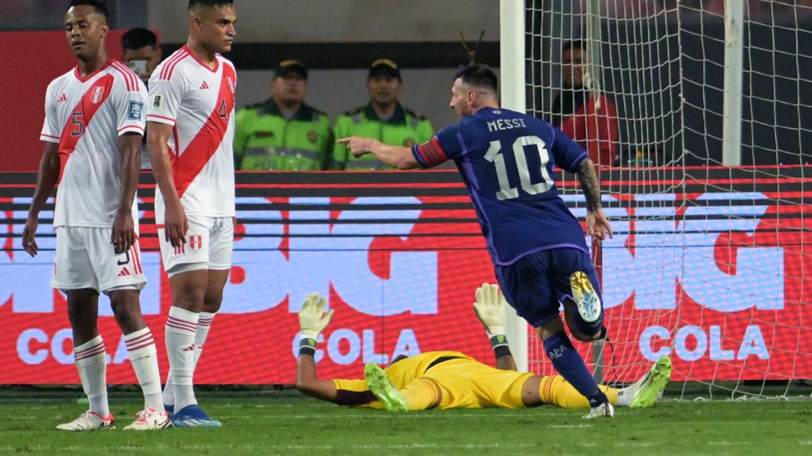 Argentina's forward Lionel Messi celebrates after scoring during the 2026 FIFA World Cup South American qualification football match between Peru and Argentina at the National Stadium in Lima on October 17, 2023. 
