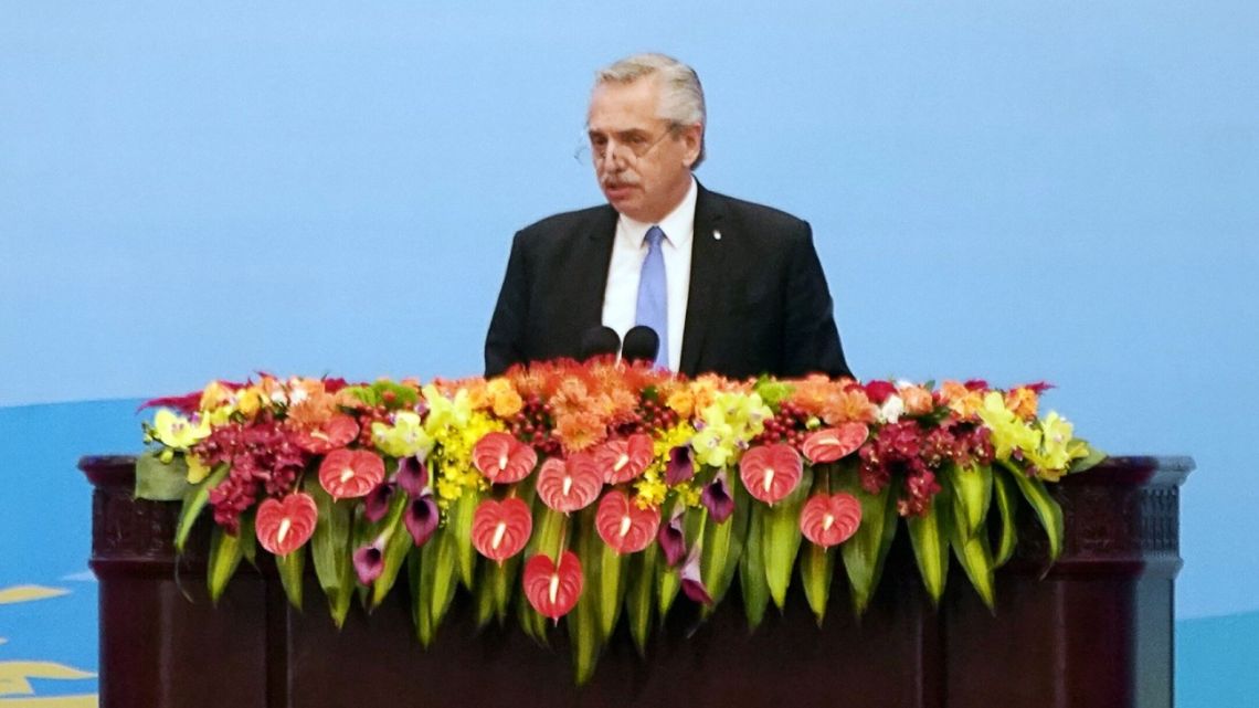 President Alberto Fernández gives a press conference in Beijing.