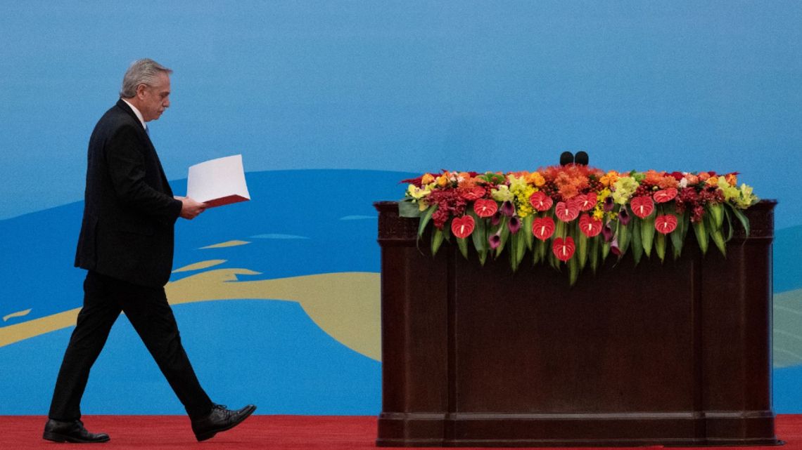 Argentina’s President Alberto Fernández walks to the podium to deliver his speech during the opening ceremony of the third Belt and Road Forum for International Cooperation at the Great Hall of the People in Beijing on October 18, 2023. 