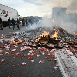 Los manifestantes se encuentran junto a cajas de tomates quemadas en la carretera durante una manifestación de viticultores que bloquean la carretera para protestar contra las importaciones de vino español, en la autopista en el peaje de Le Boulou, cerca de la frontera española, en el sur de Francia. | Foto:LIONEL BUENAVENTURA / AFP