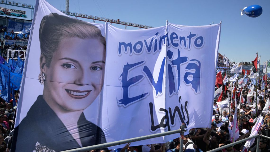 Supporters of economy minister and presidential candidate for the Unión por la Patria coalition, Sergio Massa, attend the Buenos Aires Province closing campaign celebrating Peronist Loyalty Day at the Julio Humberto Grondona stadium in Sarandí, on October 17, 2023.
