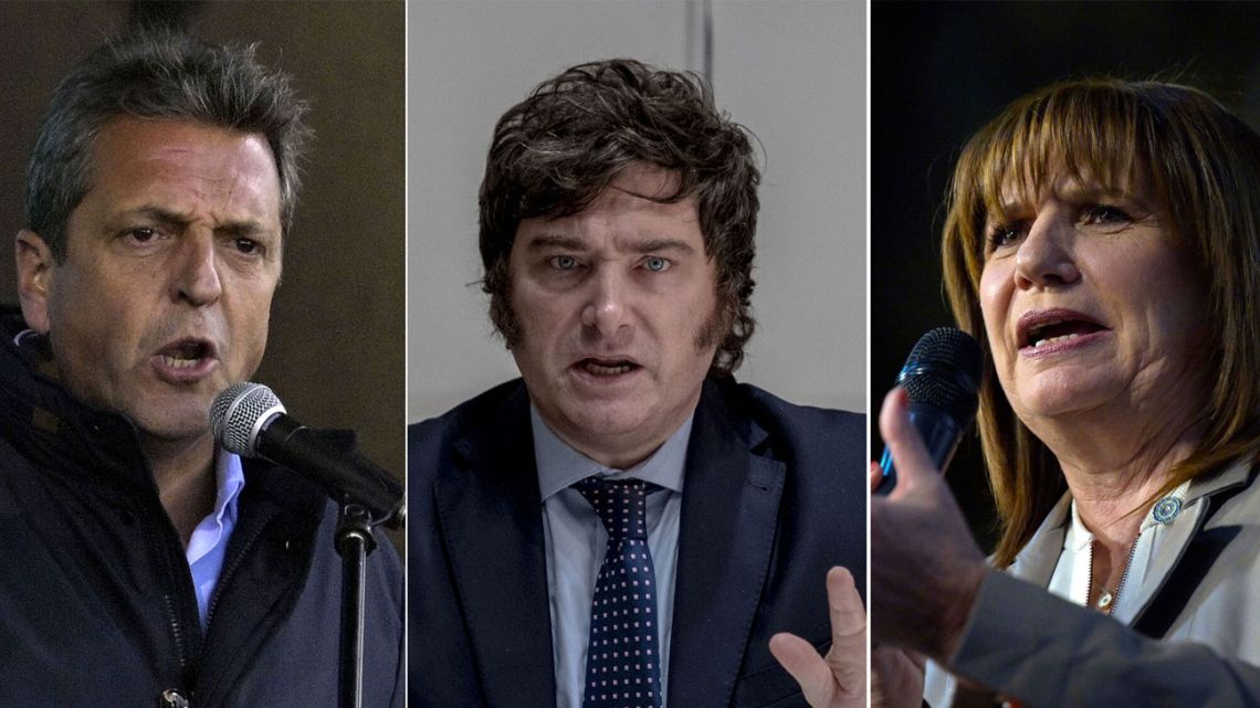 Voters on Sunday will pick Argentina’s next president. Among the candidates are (from left): Sergio Massa, Javier Milei and Patricia Bullrich.