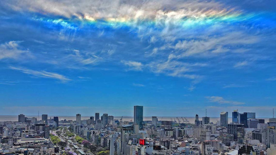 Cloud iridescence is seen over the Obelisk and 9 de Julio Avenue in Buenos Aires on October 18, 2023.