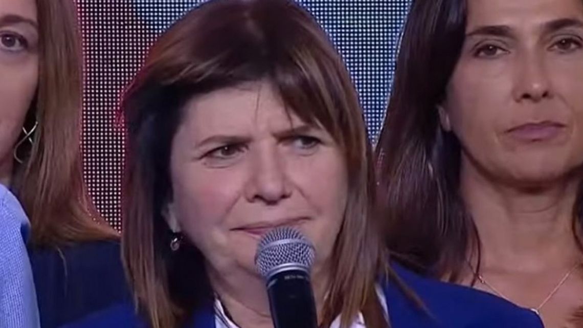 Patricia Bullrich wells up as she addresses supporters after defeat in the 2023 presidential election.