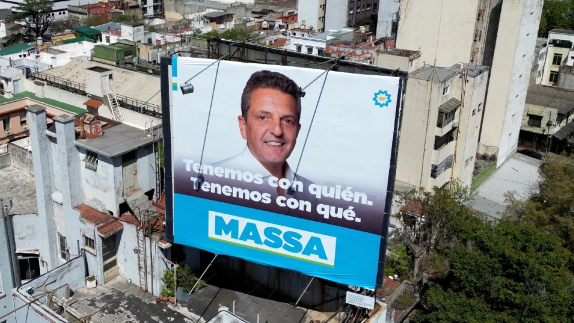 View of a huge bilboard displaying political propaganda for Economy Minister and presidential candidate for the Unión por la Patria coalition, Sergio Massa in Buenos Aires.