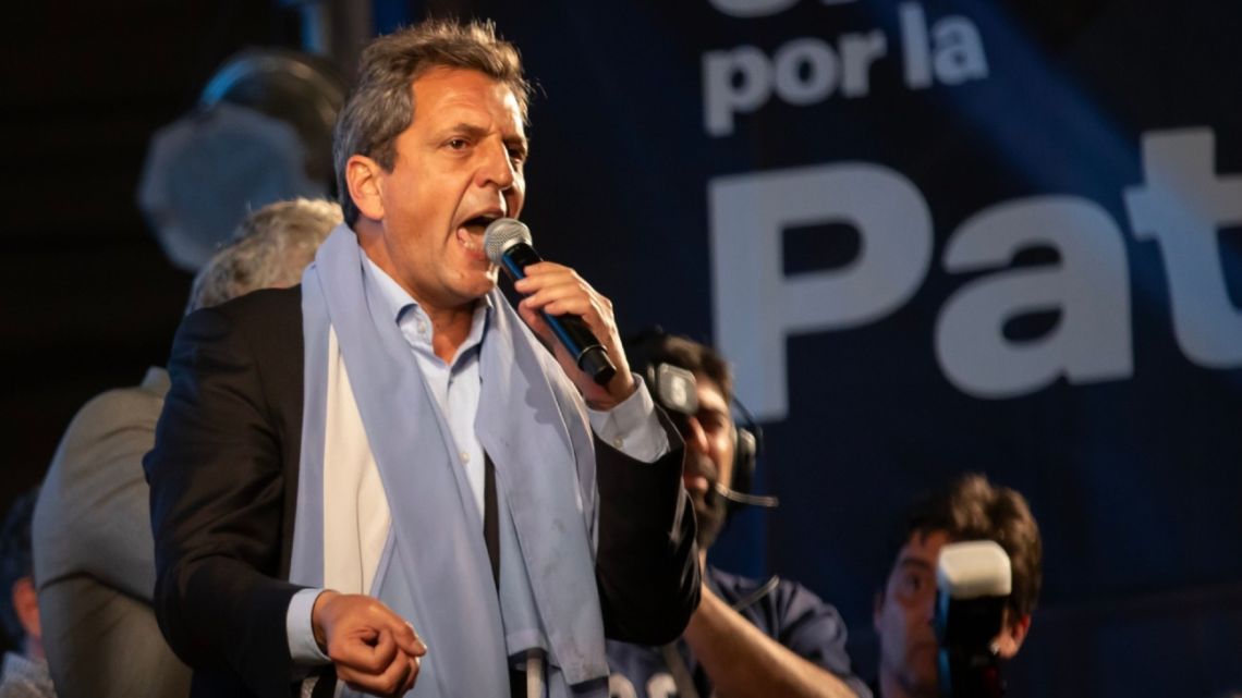 Sergio Massa, Argentina's economy minister and presidential candidate for Unión por la Patria, speaks during an election night rally at the party's bunker in Buenos Aires on Sunday, October 22, 2023. 