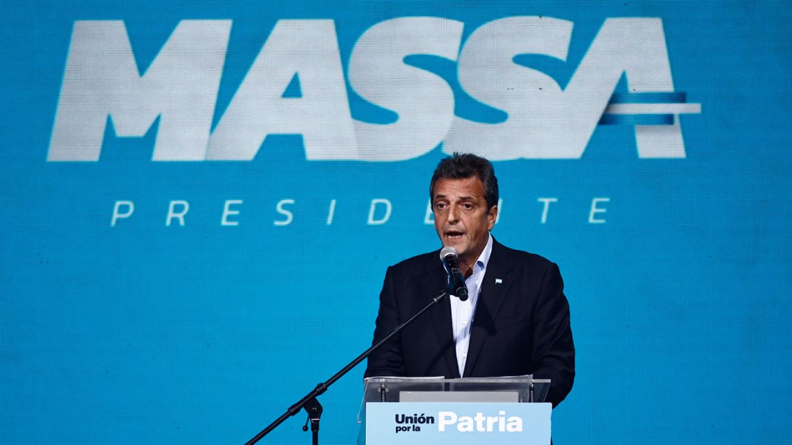 Economy Minister and presidential candidate for the Unión por la Patria coalition, Sergio Massa, speaks to his supporters at his party headquarters in Buenos Aires on October 22, 2023.
