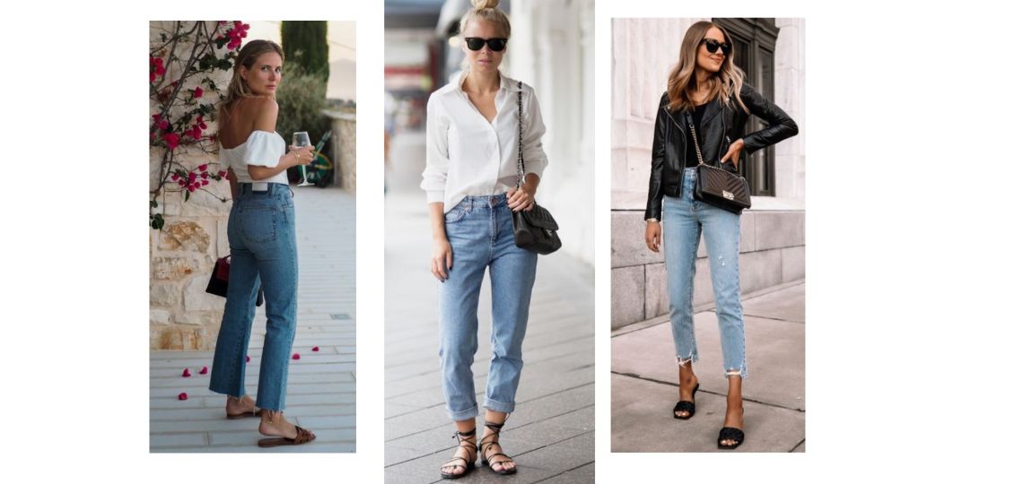 Jeans anchos, skinny e incluso slouchy se llevan con sandalias en primavera y verano