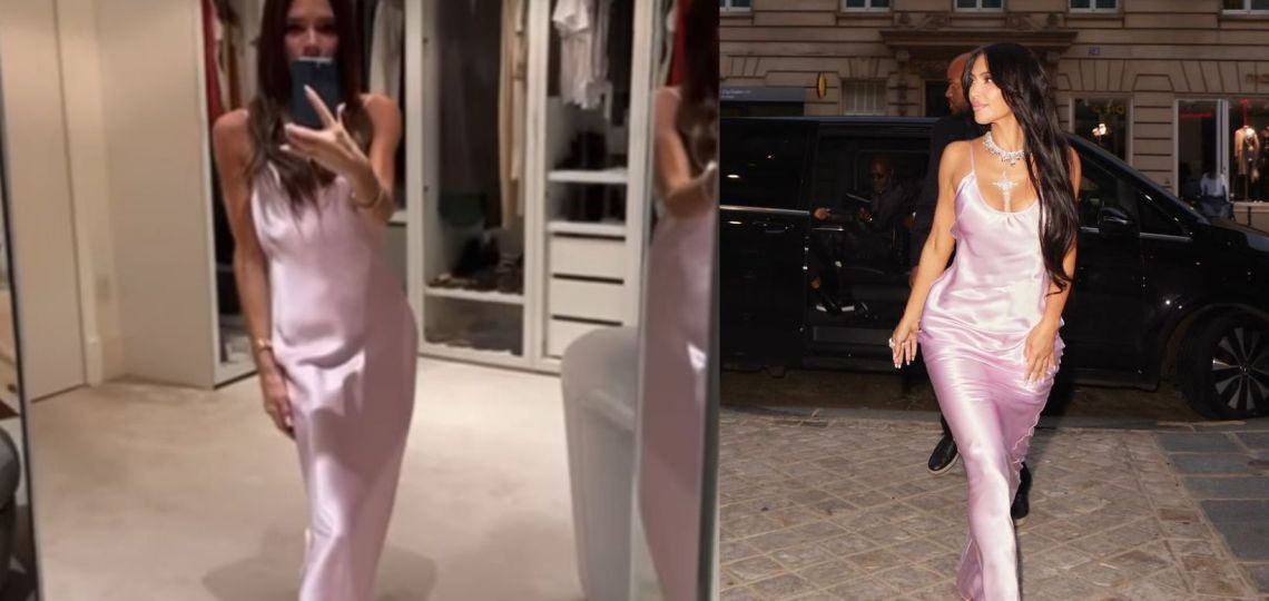 Victoria Beckham confirma que el vestido lencero está de moda y luce el diseño que creó para Kim Kardashian
