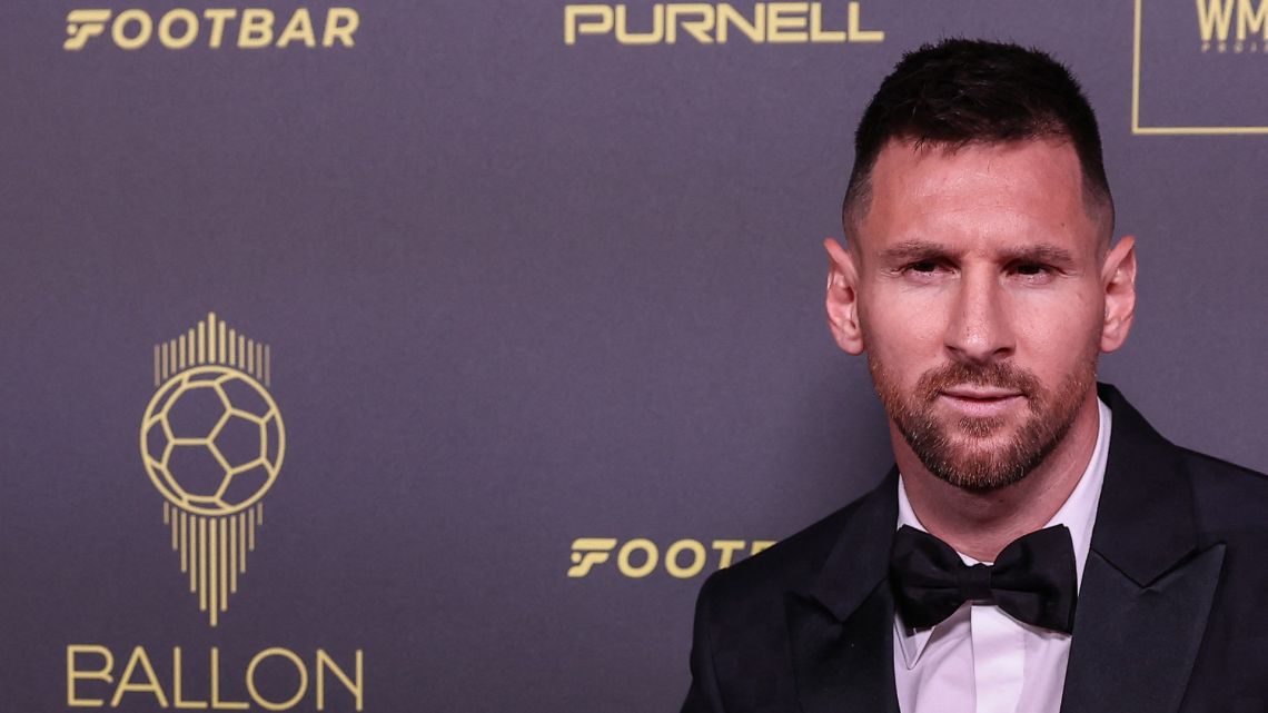 Inter Miami CF's Argentine forward Lionel Messi poses prior to the 2023 Ballon d'Or France Football award ceremony at the Theatre du Chatelet in Paris on October 30, 2023. 