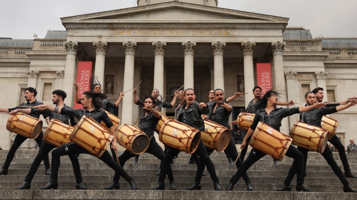 Malevo, a group of dancers from Argentina, perform in Trafalgar Square, central London on October 26, 2023.