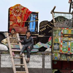 Niños refugiados afganos sentados en un camión en un centro de detención mientras se preparan para partir hacia Afganistán, en Landi Kotal. | Foto:Farooq Naeem / AFP