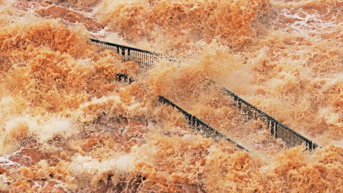 View of the visitor walkway at the Iguazú Falls, which was destroyed by the strong current of the river on the triple border between Brazil, Argentina and Paraguay, on October 30, 2023.
