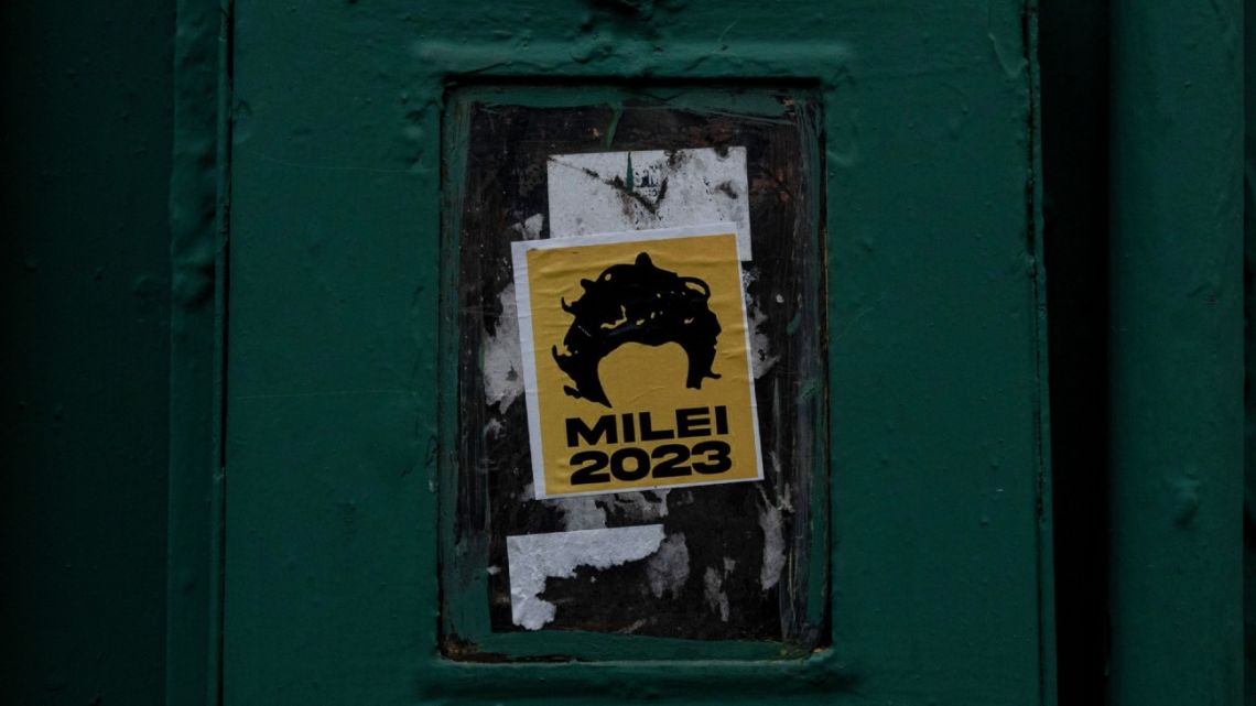 A sticker in support of presidential candidate Javier Milei in Buenos Aires, Argentina, on Monday, October 23, 2023. 