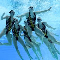 El equipo de Canadá compite durante el evento de oro de rutina acrobática por equipos de natación artística de los Juegos Panamericanos Santiago 2023, en el Centro Acuático del Parque Deportivo del Estadio Nacional, en Santiago. | Foto:François-Xavier Marit / AFP