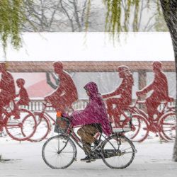Esta foto muestra a una persona andando en bicicleta mientras nieva en Shenyang, en la provincia de Liaoning, al noreste de China. | Foto:AFP