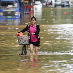 Una mujer camina en bicicleta por una calle inundada por las fuertes lluvias en la provincia de Guangdong, en el sur de China. | Foto:AFP