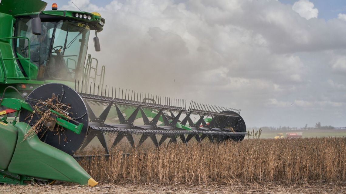 A combine harvester cuts through a field of soybean plants at a drought-affected farm in San José de la Esquina, Argentina