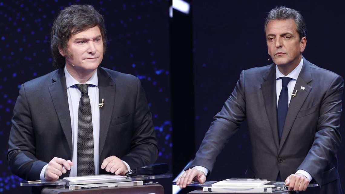 Javier Milei and Sergio Massa, pictured during the final presidential debate ahead of the 2023 election run-off, at the Law Faculty of the University of Buenos Aires, on Sunday, November 12, 2023.